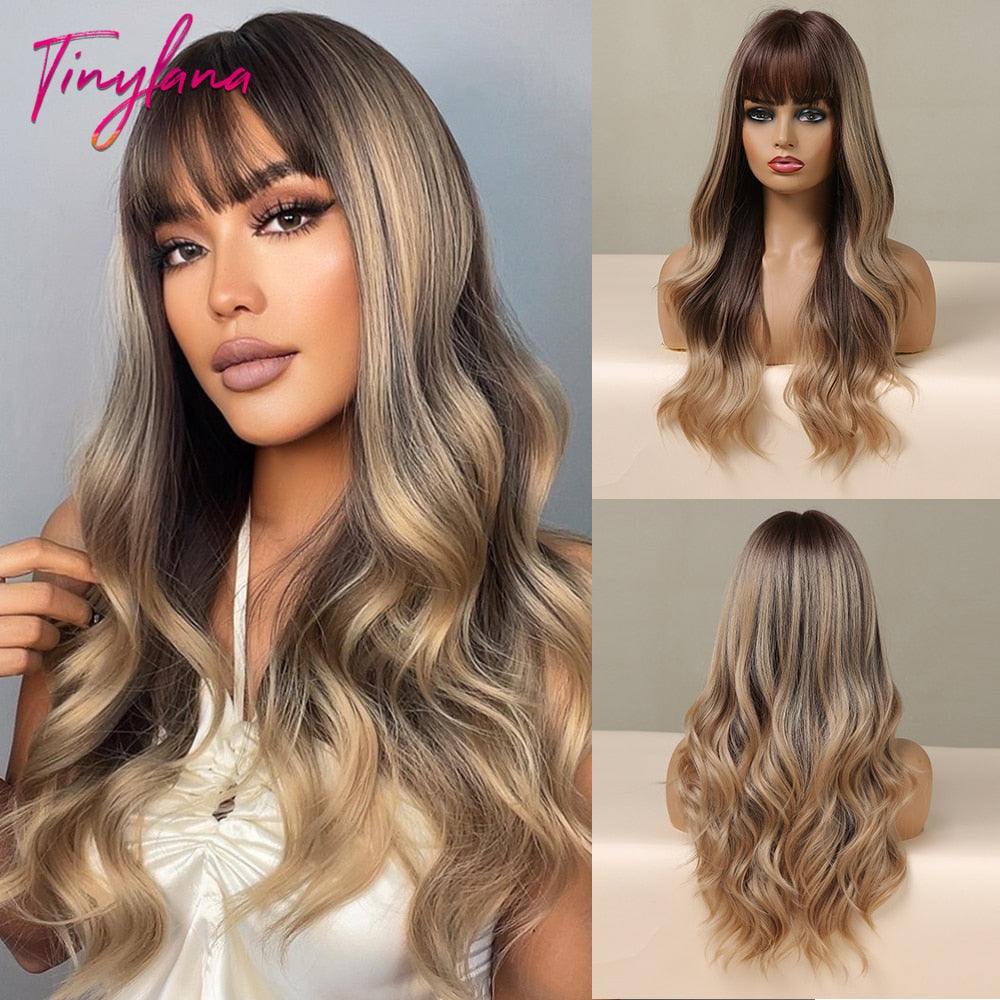 TINY LANA Natural Black Long Wavy Synthetic Wig with Bangs for Women Body Wave Dark Brown Wigs Cosplay Daily Hair Heat Resistant - Orchid Unique