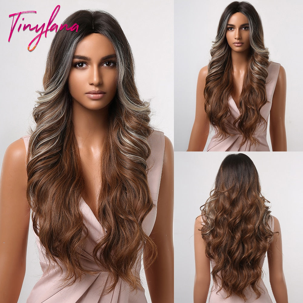 TINY LANA Natural Black Long Wavy Synthetic Wig with Bangs for Women Body Wave Dark Brown Wigs Cosplay Daily Hair Heat Resistant - Orchid Unique