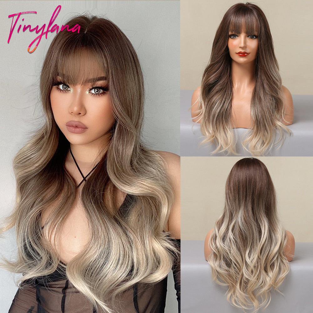 TINY LANA Natural Black Long Wavy Synthetic Wig with Bangs for Women Body Wave Dark Brown Wigs Cosplay Daily Hair Heat Resistant - Orchid Unique