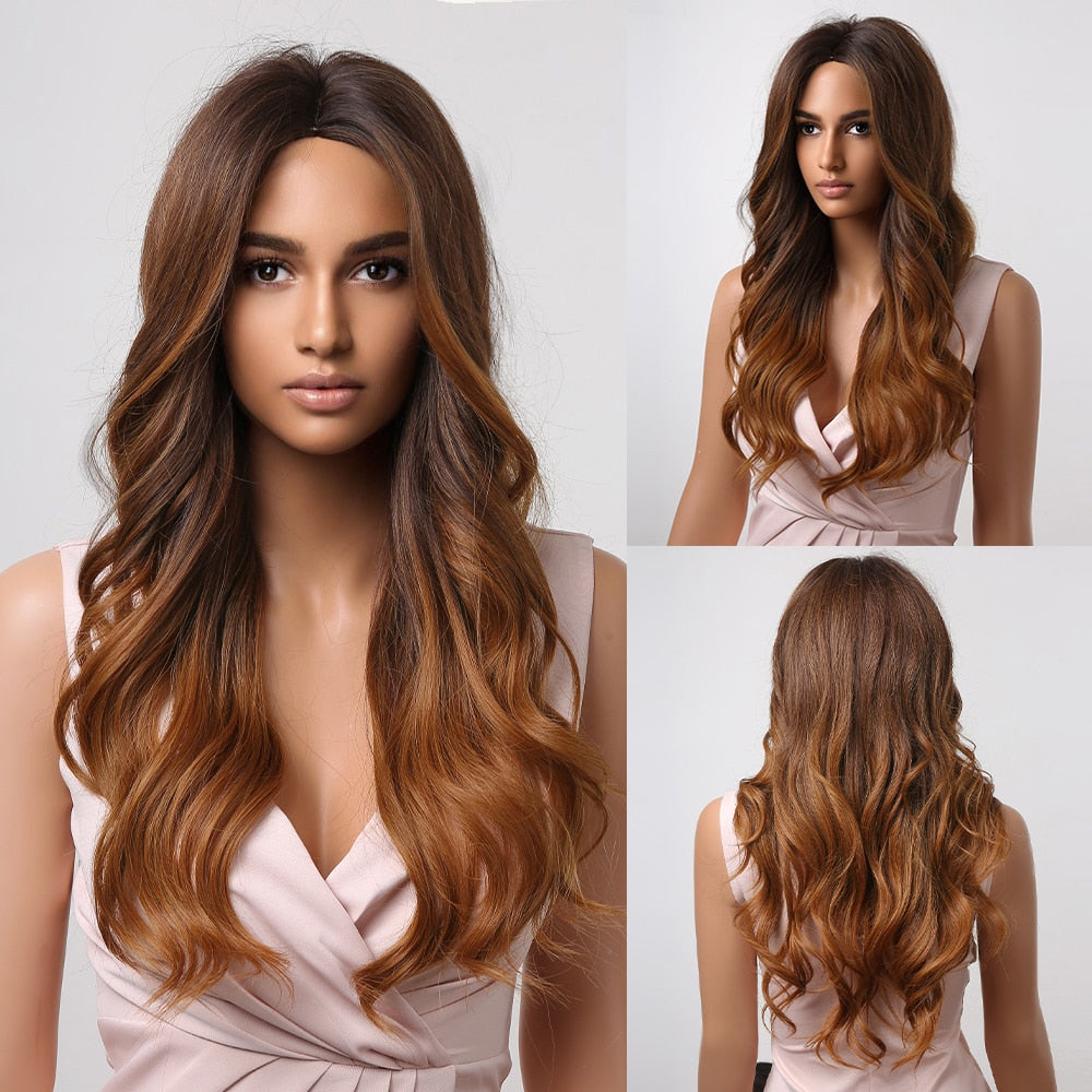 TINY LANA Natural Black Long Wavy Synthetic Wig with Bangs for Women Body Wave Dark Brown Wigs Cosplay Daily Hair Heat Resistant - Orchid Unique