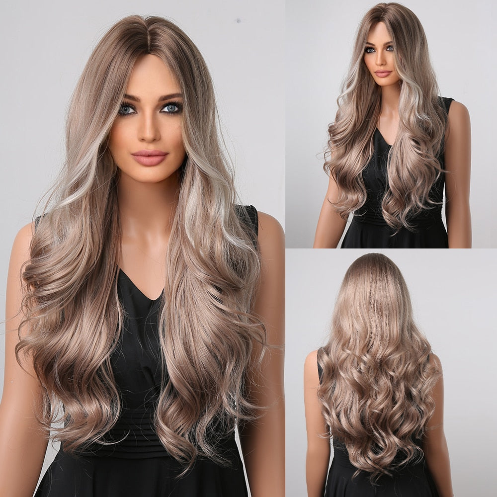 TINY LANA Natural Black Long Wavy Synthetic Wig with Bangs for Women Body Wave Dark Brown Wigs Cosplay Daily Hair Heat Resistant - Orchid Unique