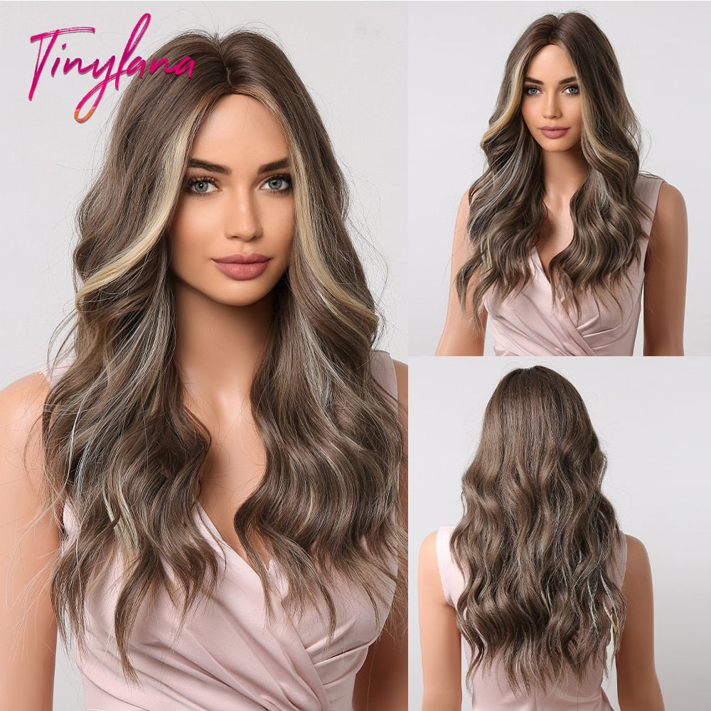 TINY LANA Natural Black Long Wavy Synthetic Wig with Bangs for Women Body Wave Dark Brown Wigs Cosplay Daily Hair Heat Resistant - Orchid Unique