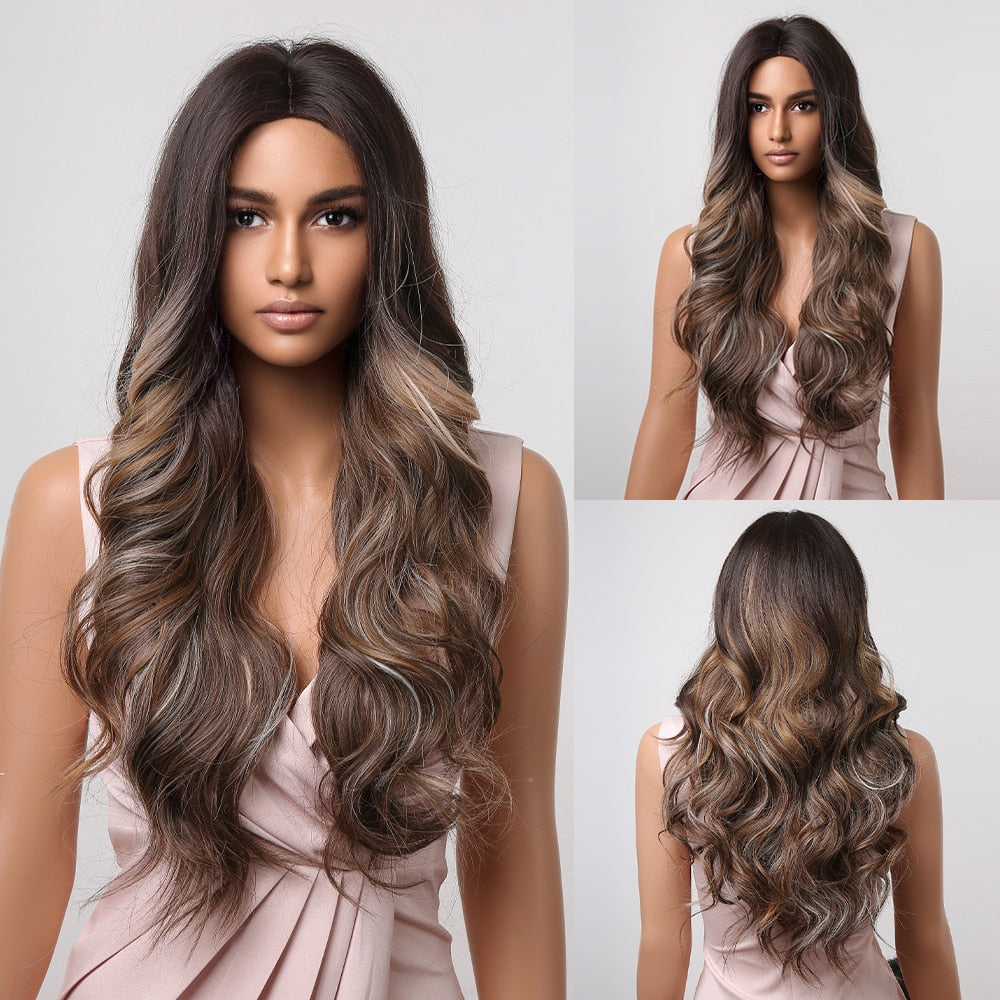 TINY LANA Natural Black Long Wavy Synthetic Wig with Bangs for Women Body Wave Dark Brown Wigs Cosplay Daily Hair Heat Resistant - Orchid Unique