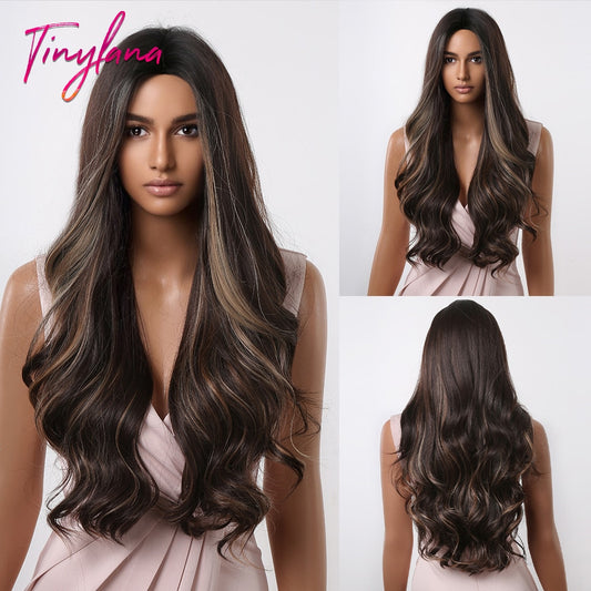 TINY LANA Natural Black Long Wavy Synthetic Wig with Bangs for Women Body Wave Dark Brown Wigs Cosplay Daily Hair Heat Resistant - Orchid Unique