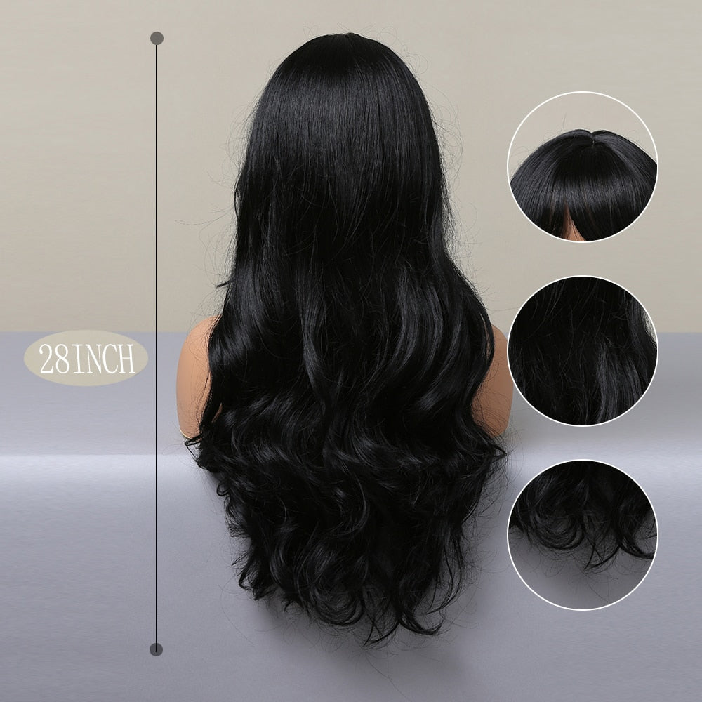 TINY LANA Natural Black Long Wavy Synthetic Wig with Bangs for Women Body Wave Dark Brown Wigs Cosplay Daily Hair Heat Resistant - Orchid Unique