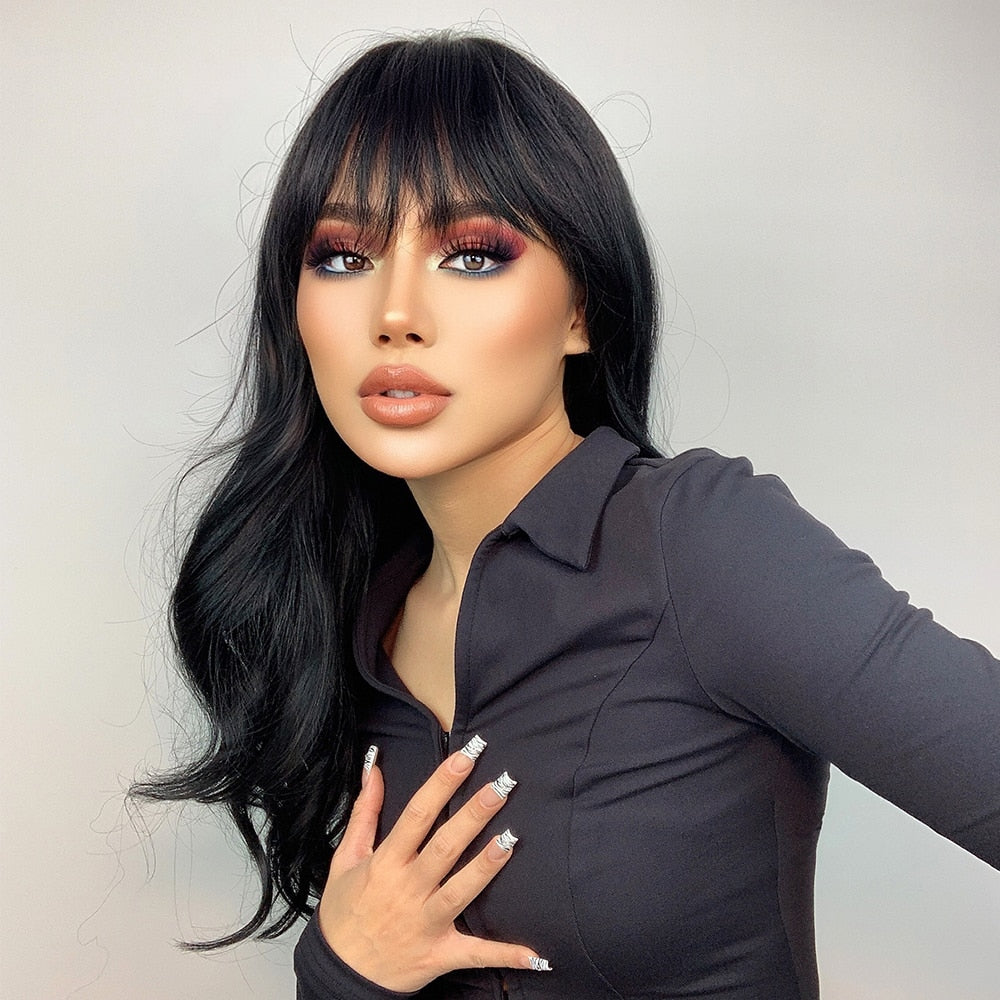 TINY LANA Natural Black Long Wavy Synthetic Wig with Bangs for Women Body Wave Dark Brown Wigs Cosplay Daily Hair Heat Resistant - Orchid Unique