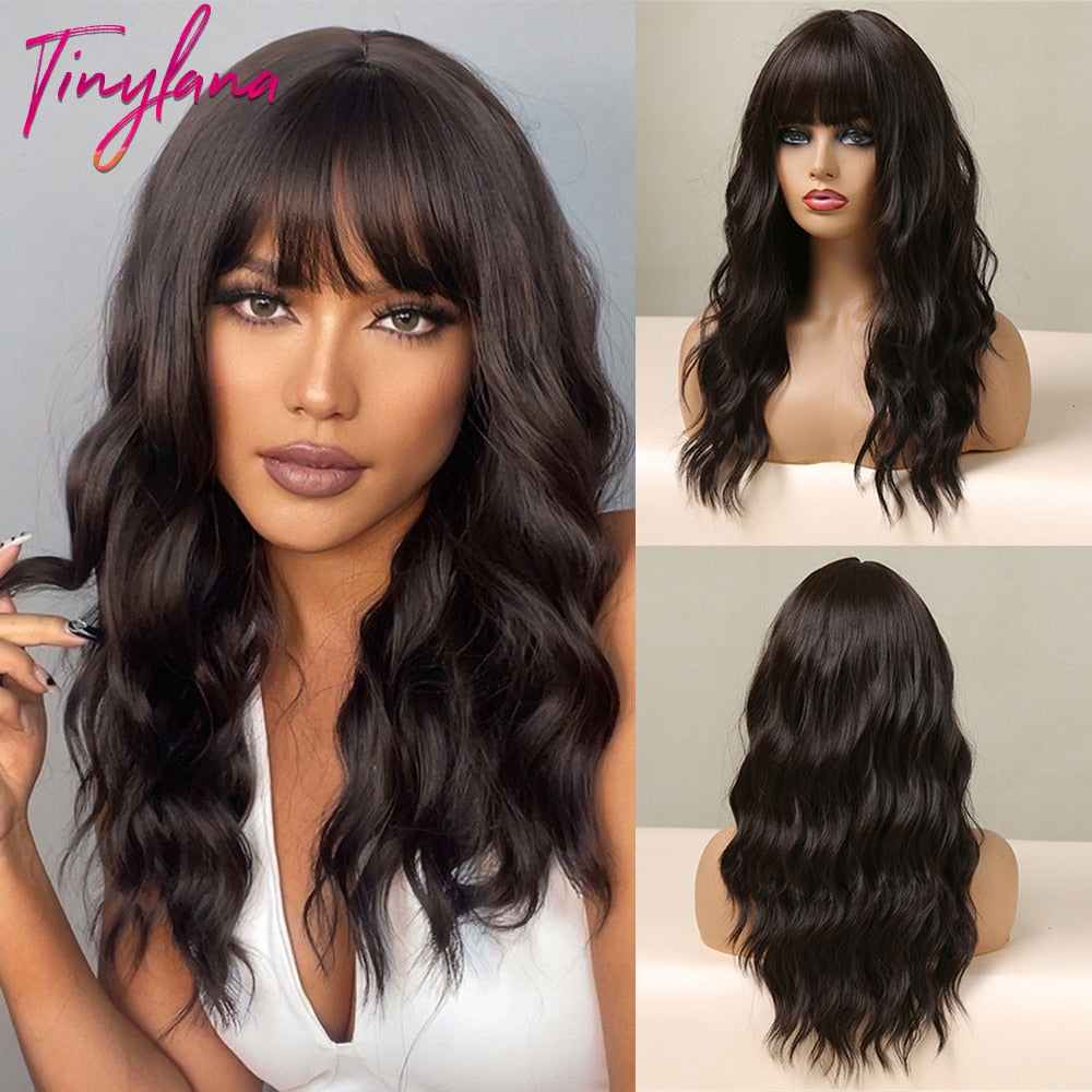 TINY LANA Natural Black Long Wavy Synthetic Wig with Bangs for Women Body Wave Dark Brown Wigs Cosplay Daily Hair Heat Resistant - Orchid Unique
