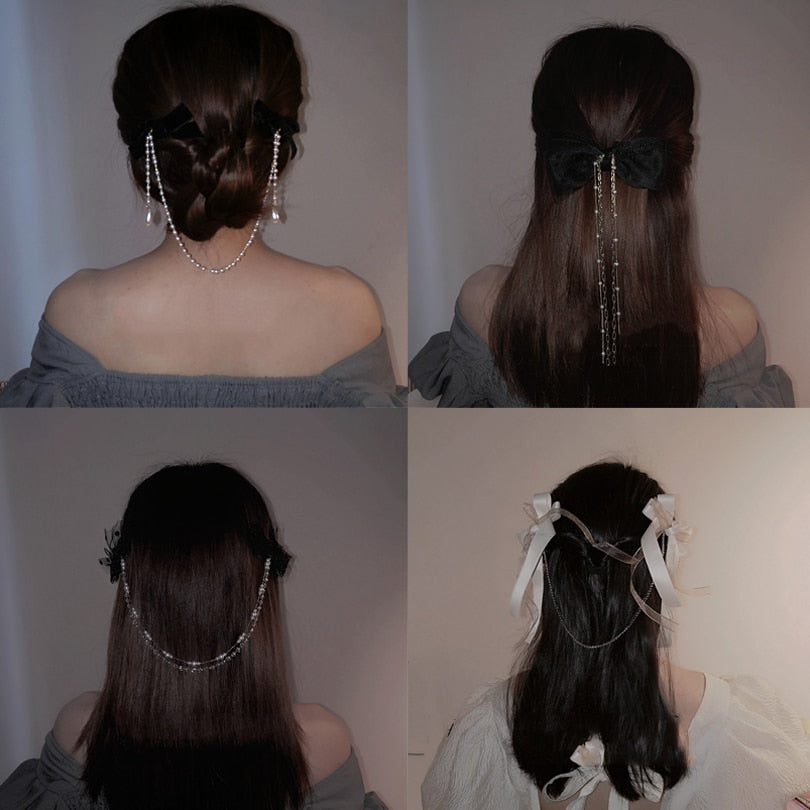 Vintage Bow Pearl Chain Hairpins - Orchid Unique