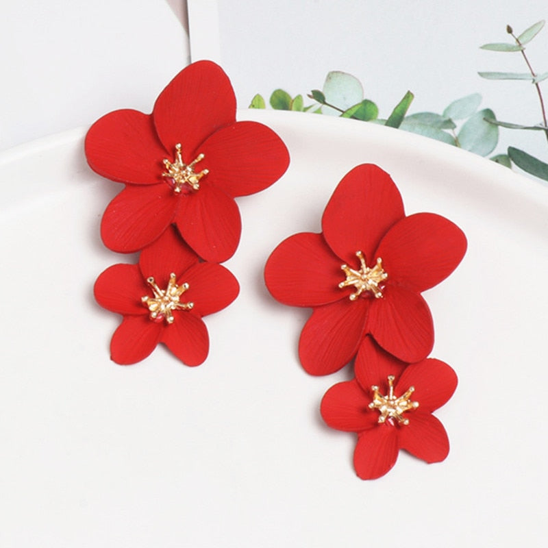 Big Double Flower Drop Earrings - Orchid Unique