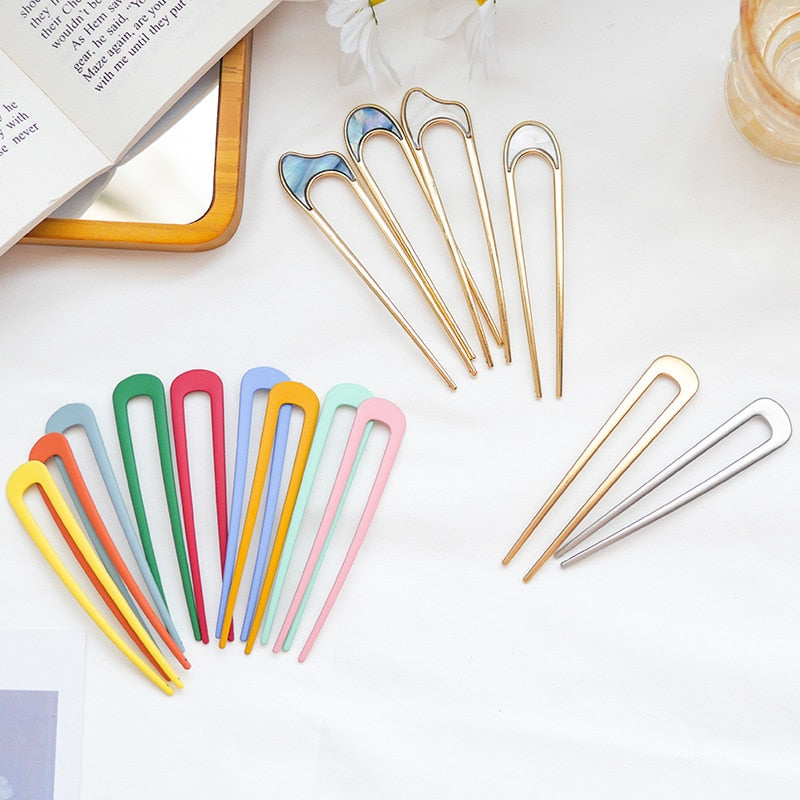 Fashion Metal Hair Sticks for Women Shell Hair Clip Pins Minimalist U Shape Girls Hairpins Hair Bun Maker Headwear - Orchid Unique