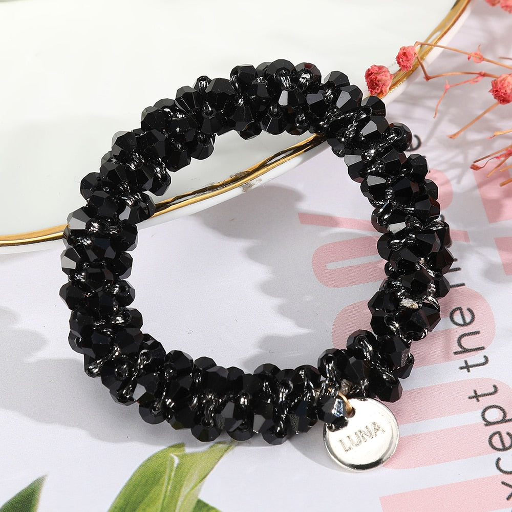 Levao Crystal Beads Hair Rope for Women Ponytail Scrunchies Elastic Hair Bands Beaded Rubber Hairband Hair Accessories - Orchid Unique