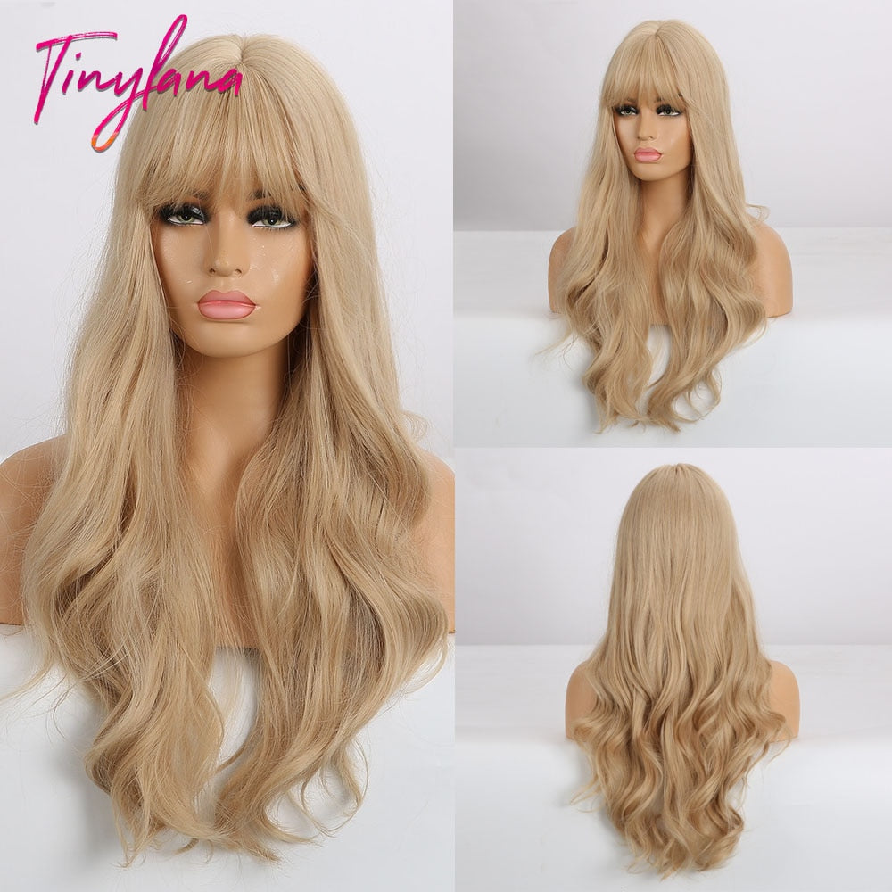 TINY LANA Natural Black Long Wavy Synthetic Wig with Bangs for Women Body Wave Dark Brown Wigs Cosplay Daily Hair Heat Resistant - Orchid Unique