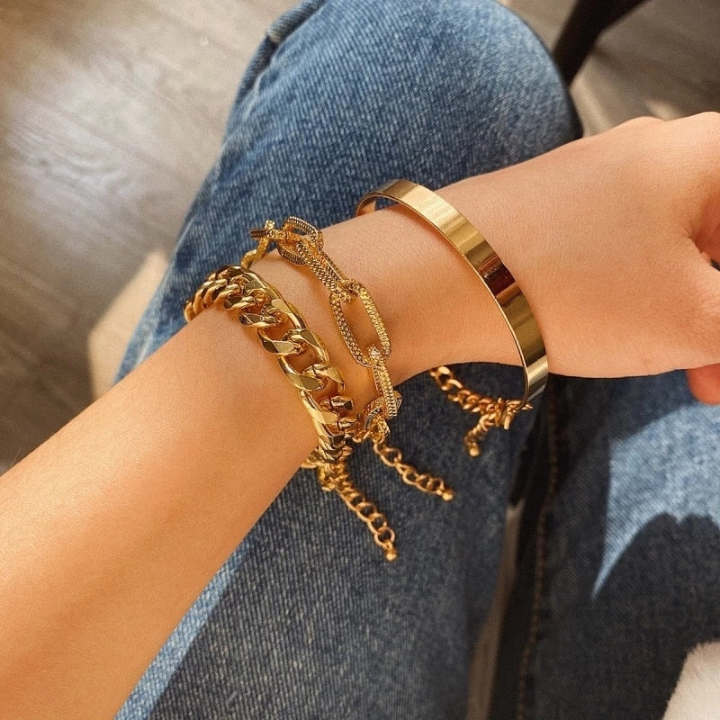 Fashion Punk Curb Cuban Chain Bracelets Set - Orchid Unique