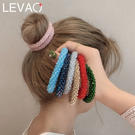 Levao Crystal Beads Hair Rope for Women Ponytail Scrunchies Elastic Hair Bands Beaded Rubber Hairband Hair Accessories - Orchid Unique