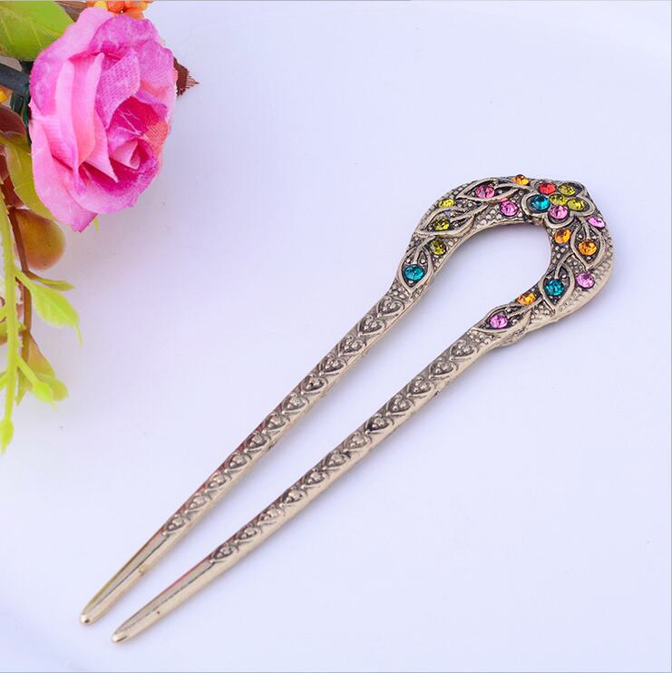 Vintage Hair Accessories Antique Bronze Plated Hairpins U shape Hair Stick Pin Women Rhinestone Flower Hair Jewelry - Orchid Unique