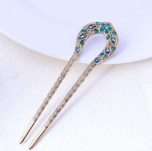 Vintage Hair Accessories Antique Bronze Plated Hairpins U shape Hair Stick Pin Women Rhinestone Flower Hair Jewelry - Orchid Unique