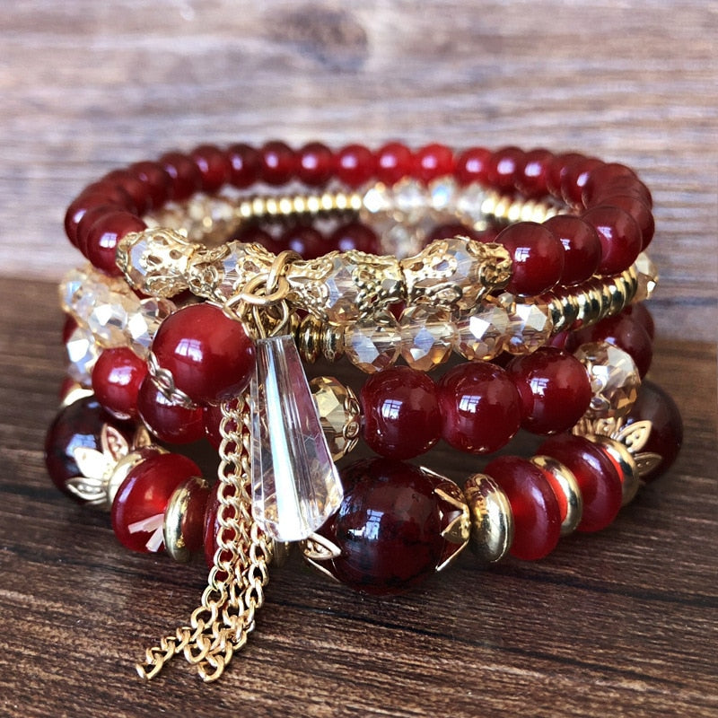 4 Pcs Set of Beaded Crystal Bracelet - Orchid Unique