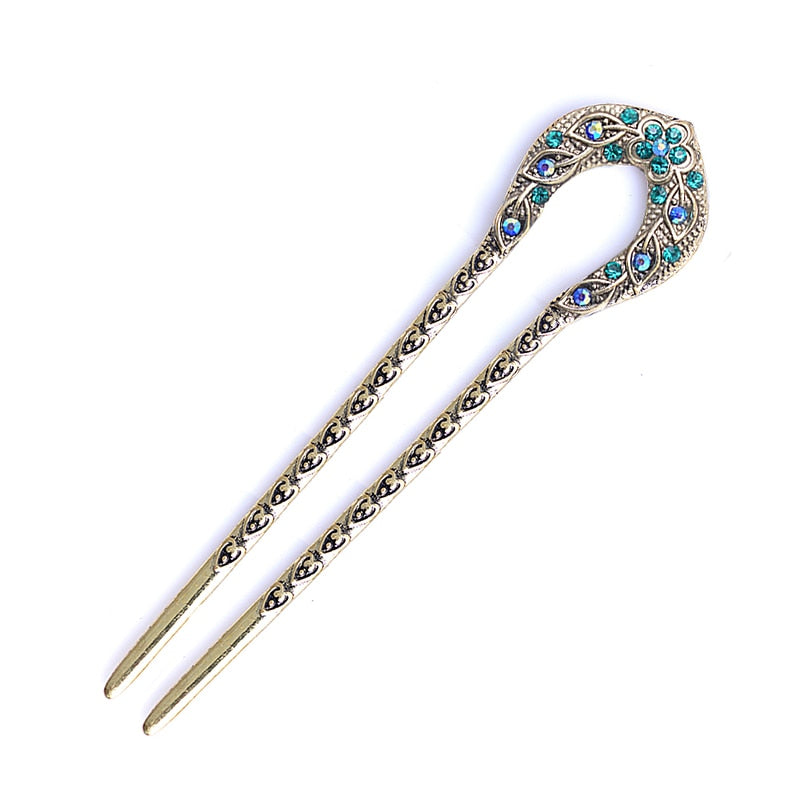 Vintage Hair Accessories Antique Bronze Plated Hairpins U shape Hair Stick Pin Women Rhinestone Flower Hair Jewelry - Orchid Unique