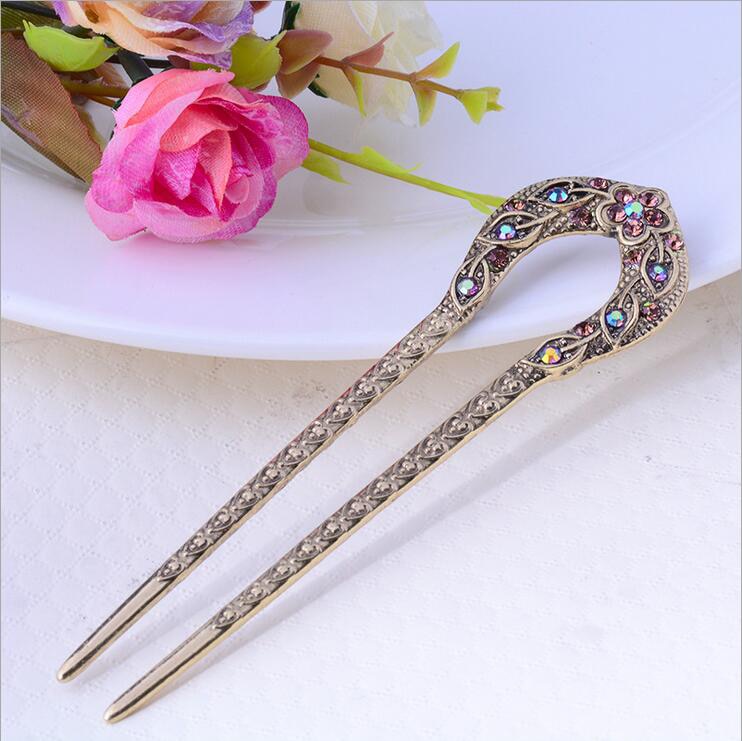 Vintage Hair Accessories Antique Bronze Plated Hairpins U shape Hair Stick Pin Women Rhinestone Flower Hair Jewelry - Orchid Unique