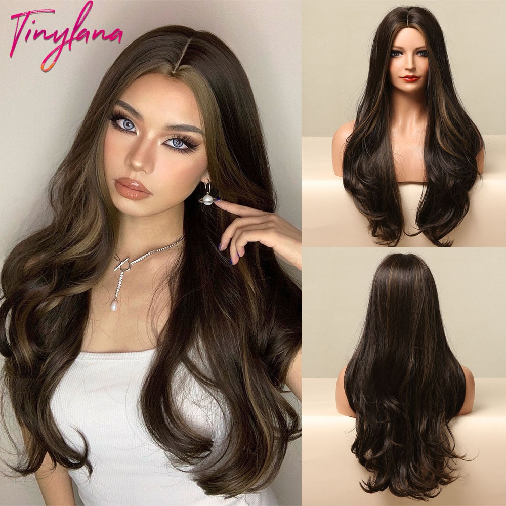 TINY LANA Natural Black Long Wavy Synthetic Wig with Bangs for Women Body Wave Dark Brown Wigs Cosplay Daily Hair Heat Resistant - Orchid Unique