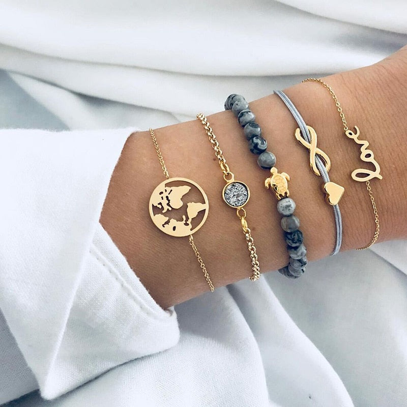 Moon Heart crystal Charm Bangle Boho bracelet - Orchid Unique