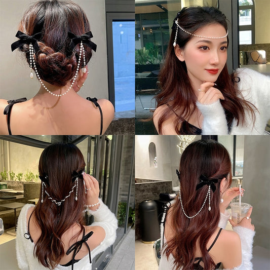 Vintage Bow Pearl Chain Hairpins - Orchid Unique