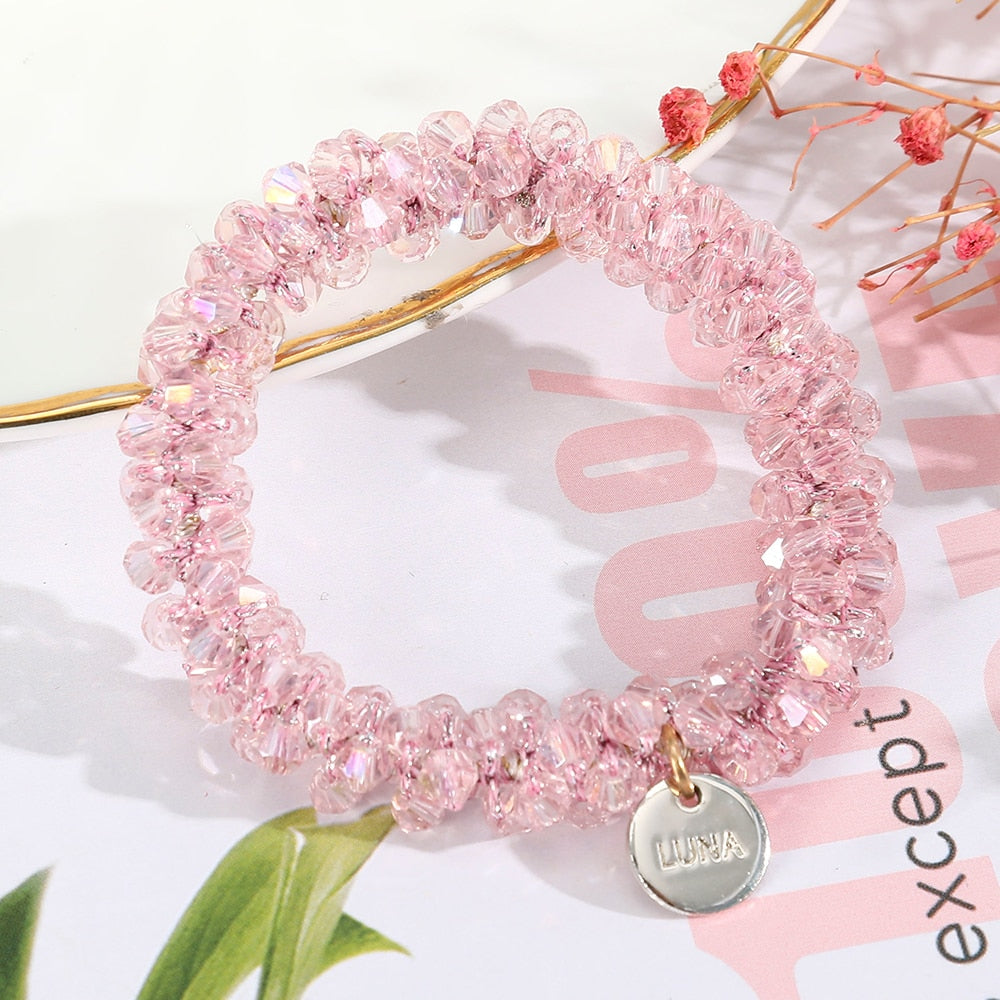 Levao Crystal Beads Hair Rope for Women Ponytail Scrunchies Elastic Hair Bands Beaded Rubber Hairband Hair Accessories - Orchid Unique