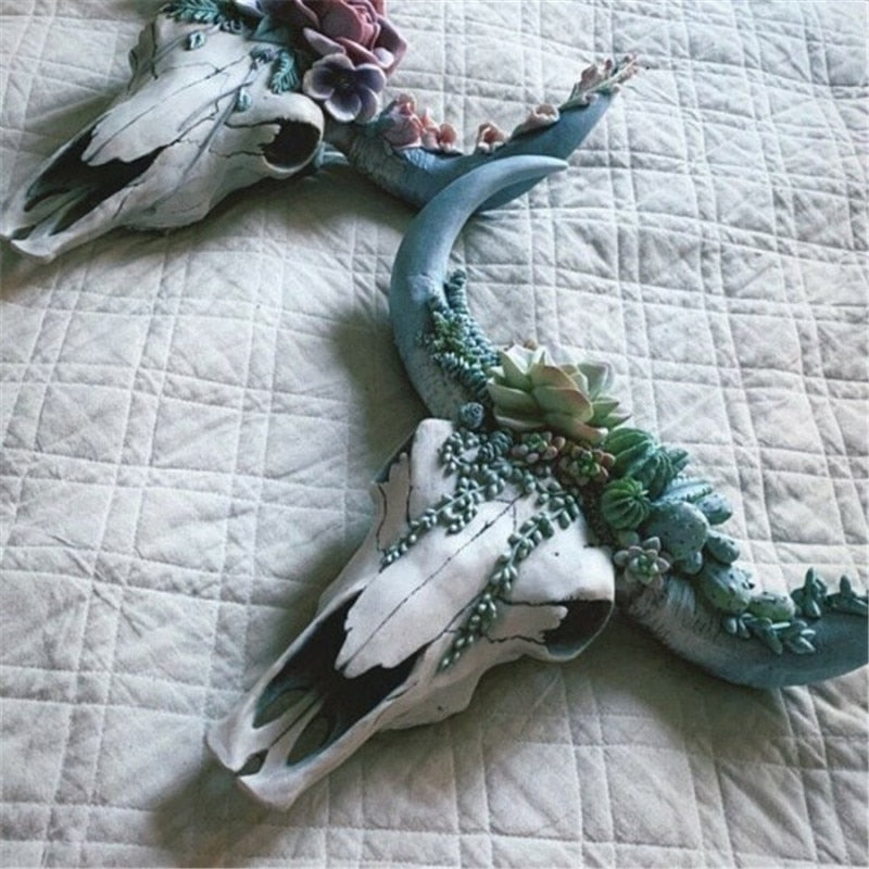 Resin Flower Cow Skull Head Wall Hanging - Orchid Unique
