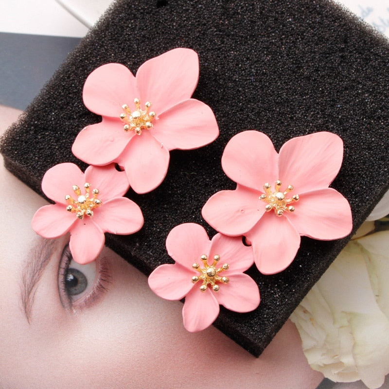 Big Double Flower Drop Earrings - Orchid Unique