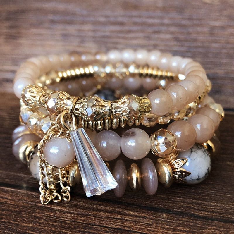 4 Pcs Set of Beaded Crystal Bracelet - Orchid Unique
