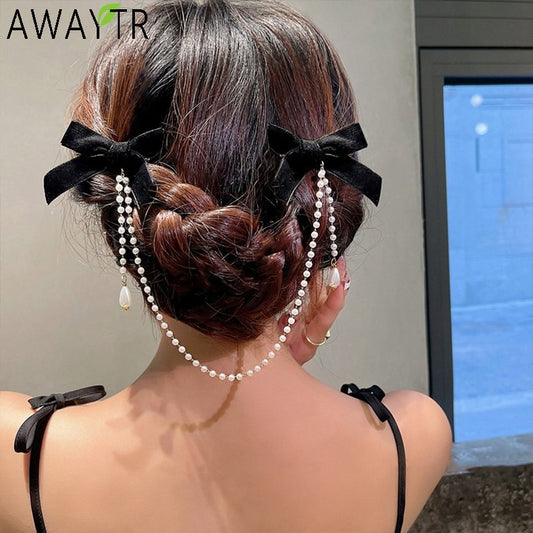 Vintage Bow Pearl Chain Hairpins - Orchid Unique