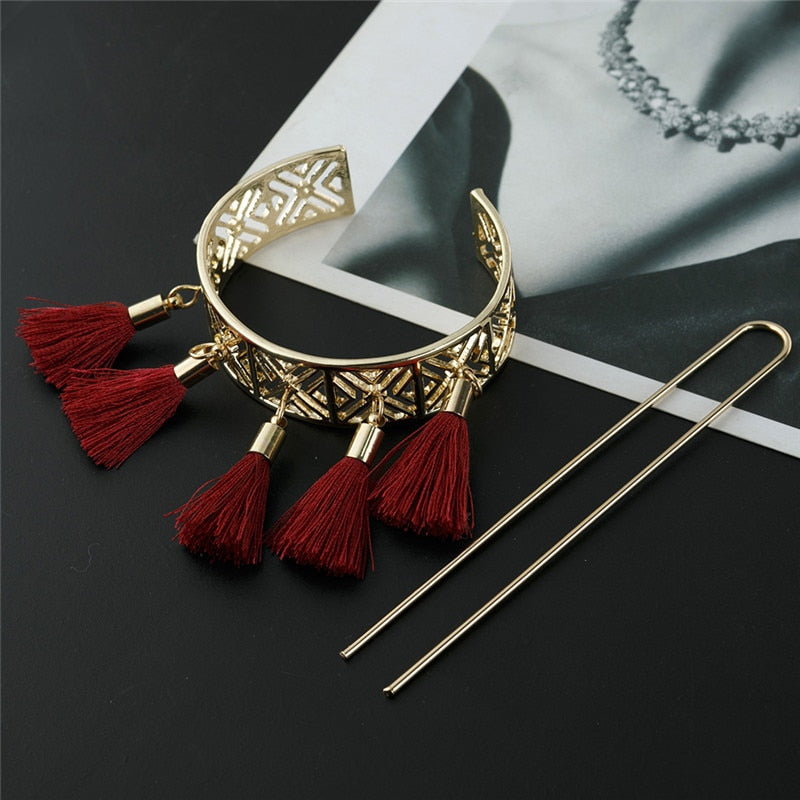 Vintage Hollow Out Red Tassel Hair Sticks for Women Fashion Jewelry Female Bridal Hair Accessories Boho Bun Golden Hair Pin - Orchid Unique
