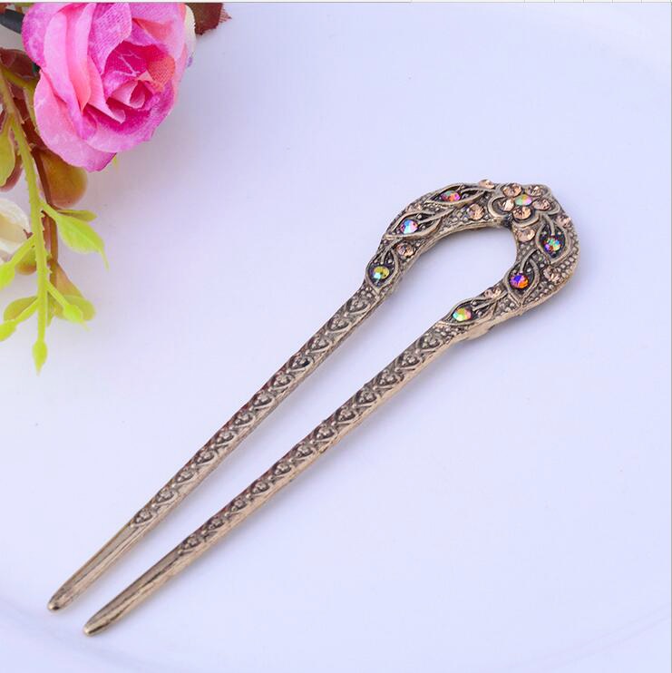 Vintage Hair Accessories Antique Bronze Plated Hairpins U shape Hair Stick Pin Women Rhinestone Flower Hair Jewelry - Orchid Unique