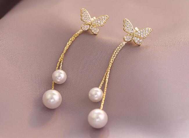 Elegant Butterfly Long Pearl Crystal Earrings - Orchid Unique