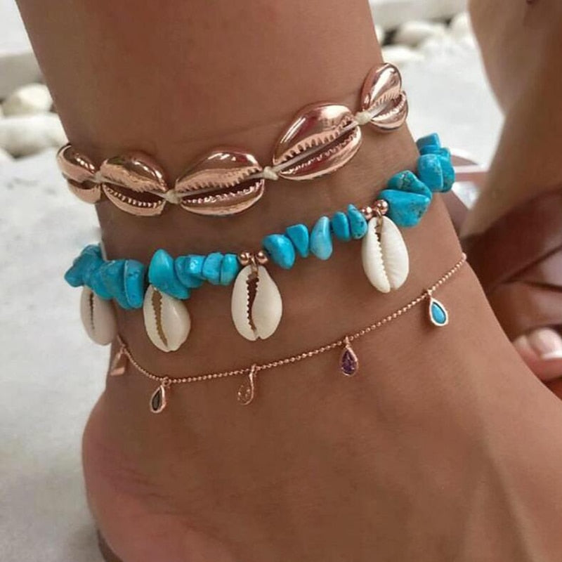 Tocona Layered Gold Shell Pendant Chain Ankle Bracelet - Orchid Unique