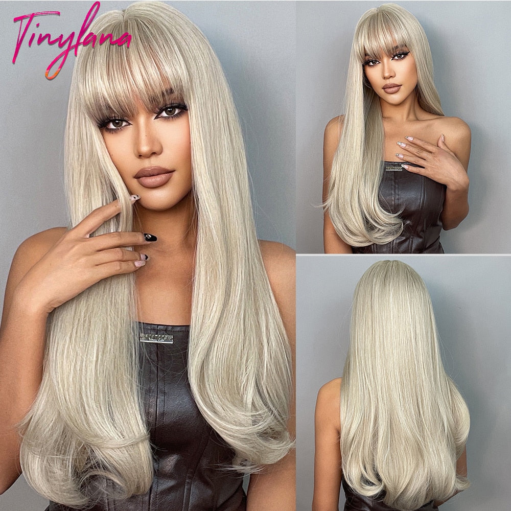 TINY LANA Natural Black Long Wavy Synthetic Wig with Bangs for Women Body Wave Dark Brown Wigs Cosplay Daily Hair Heat Resistant - Orchid Unique