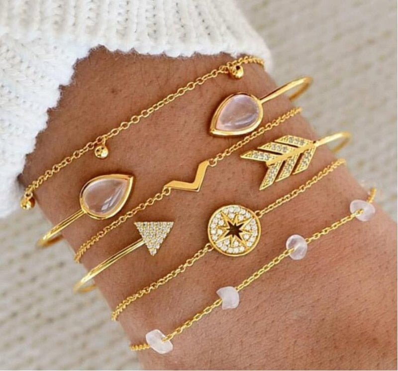 Moon Heart crystal Charm Bangle Boho bracelet - Orchid Unique