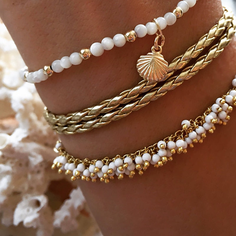 Tocona Layered Gold Shell Pendant Chain Ankle Bracelet - Orchid Unique
