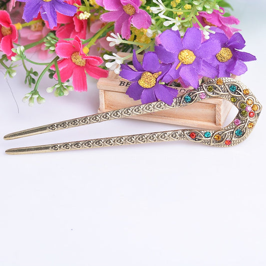 Vintage Hair Accessories Antique Bronze Plated Hairpins U shape Hair Stick Pin Women Rhinestone Flower Hair Jewelry - Orchid Unique