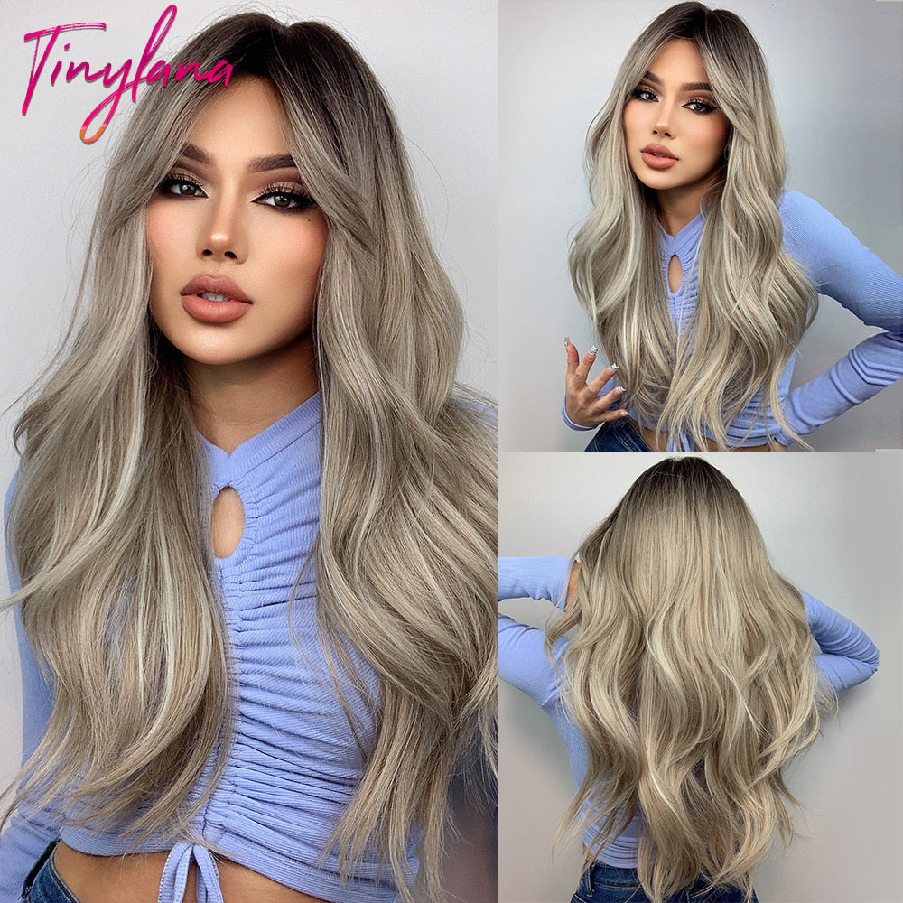 TINY LANA Natural Black Long Wavy Synthetic Wig with Bangs for Women Body Wave Dark Brown Wigs Cosplay Daily Hair Heat Resistant - Orchid Unique