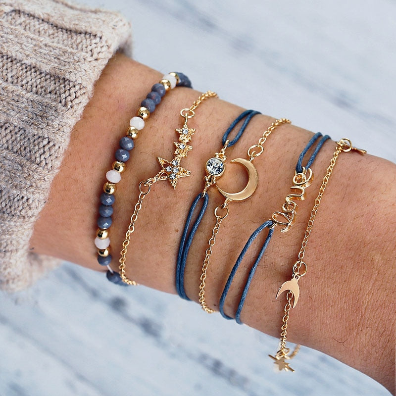 Moon Heart crystal Charm Bangle Boho bracelet - Orchid Unique