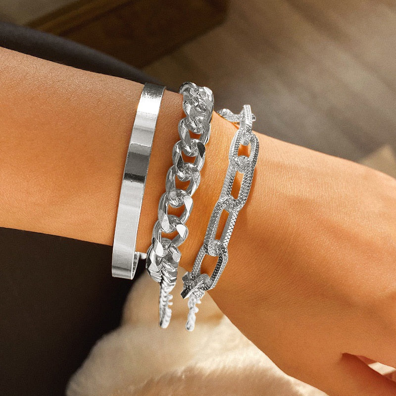 Fashion Punk Curb Cuban Chain Bracelets Set - Orchid Unique