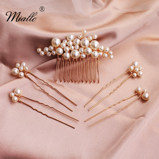 Miallo 2019 5 pcs/set Pearls Wedding Hair Comb Bridal Hair Pins Clips Women Hair Jewelry Accessories Handmade Headpieces - Orchid Unique
