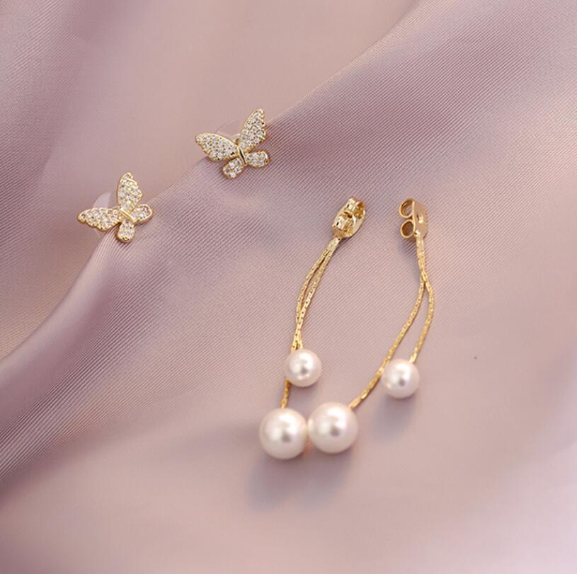 Elegant Butterfly Long Pearl Crystal Earrings - Orchid Unique
