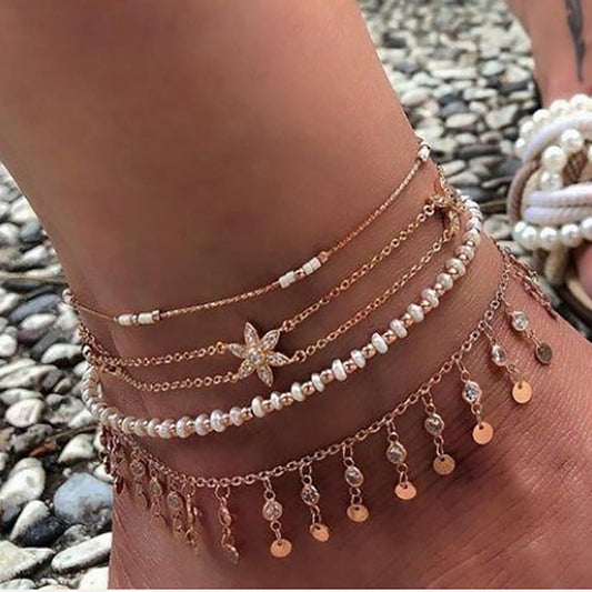 Tocona Layered Gold Shell Pendant Chain Ankle Bracelet - Orchid Unique