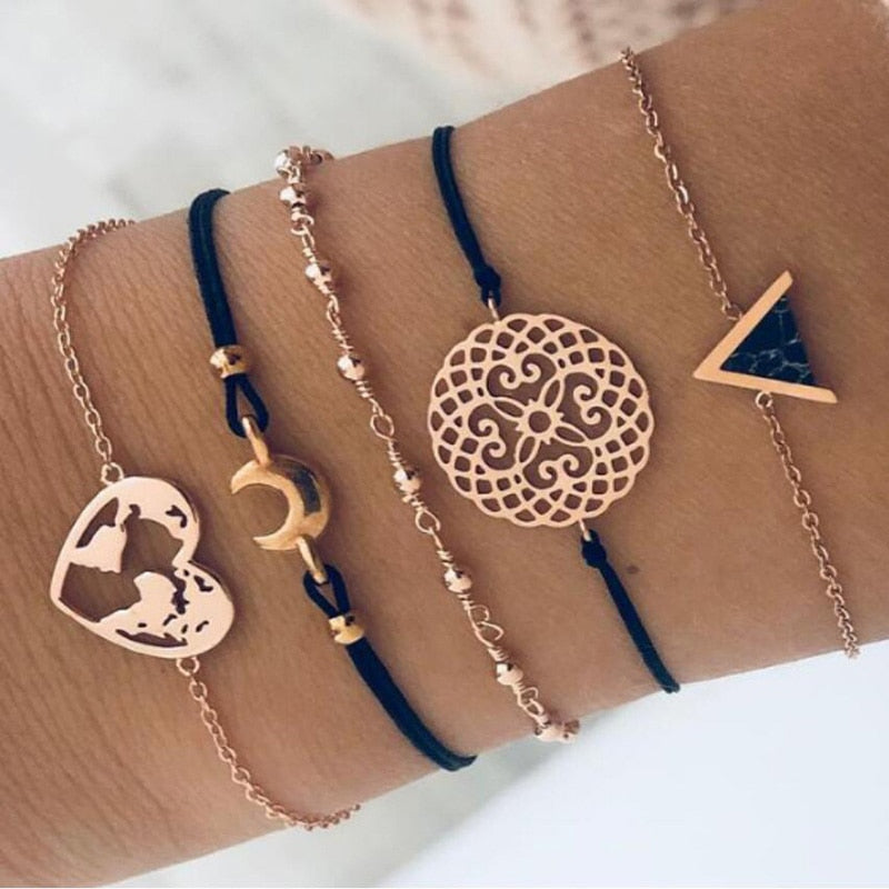 Moon Heart crystal Charm Bangle Boho bracelet - Orchid Unique