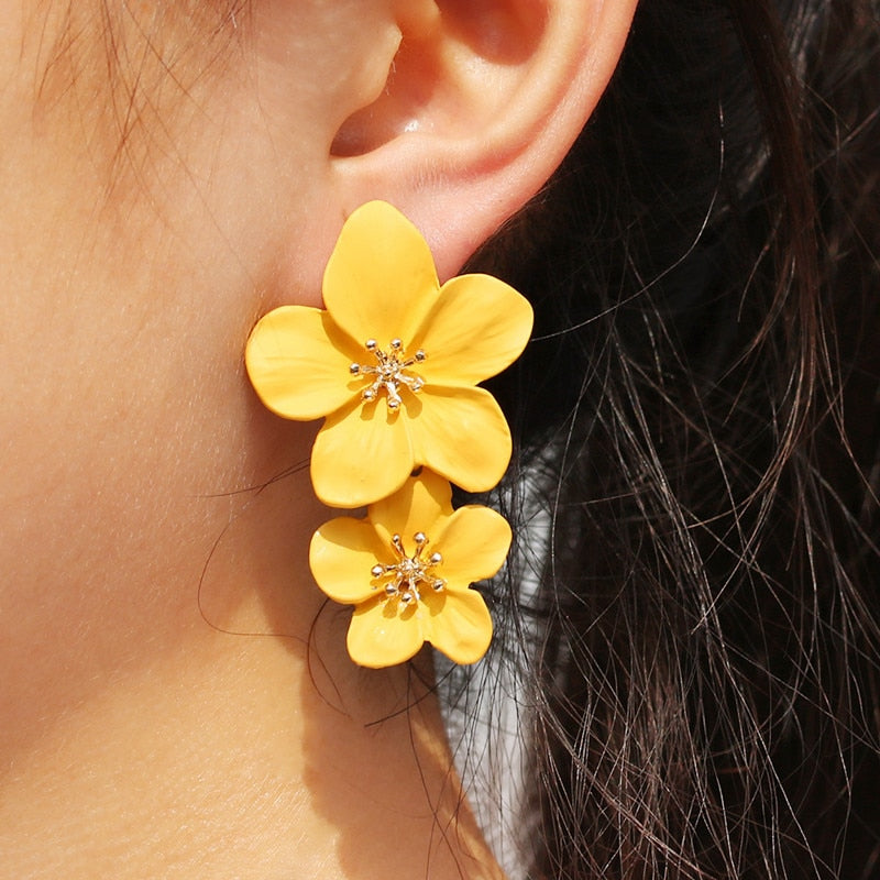 Big Double Flower Drop Earrings - Orchid Unique