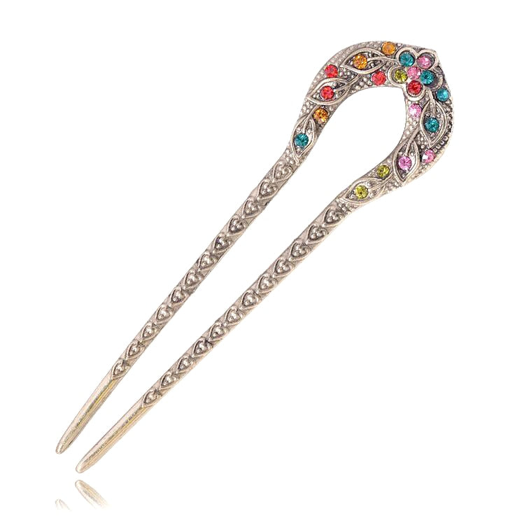 Vintage Hair Accessories Antique Bronze Plated Hairpins U shape Hair Stick Pin Women Rhinestone Flower Hair Jewelry - Orchid Unique