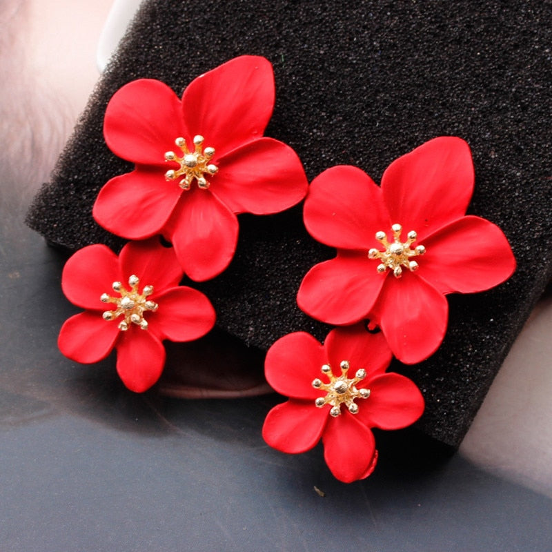 Big Double Flower Drop Earrings - Orchid Unique