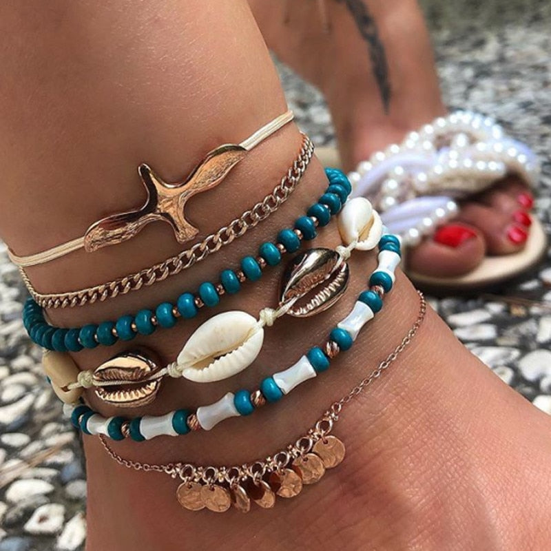 Tocona Layered Gold Shell Pendant Chain Ankle Bracelet - Orchid Unique